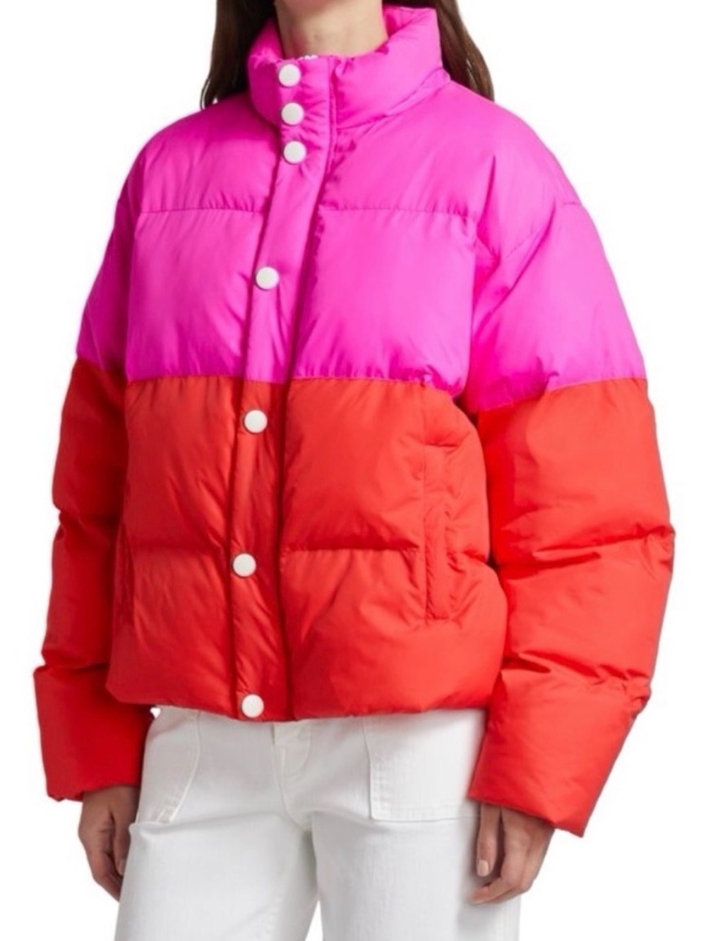 MOTHER “The drop pillow talk” quilted puffer jacket colorblock Pink red sz small